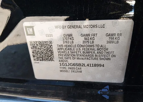 2020 Chevrolet Sonic Fwd 1Fl 5-Door from USA, damaged, VIN 1G1JG6SB2L4118994